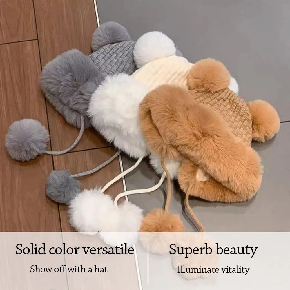 Women Winter Warm Kawaii Fox Fur Mink Plush Hat Thickened Cute Bear Ear Japanese Bomber Hat Ear Protection Cosplay Cap 241014