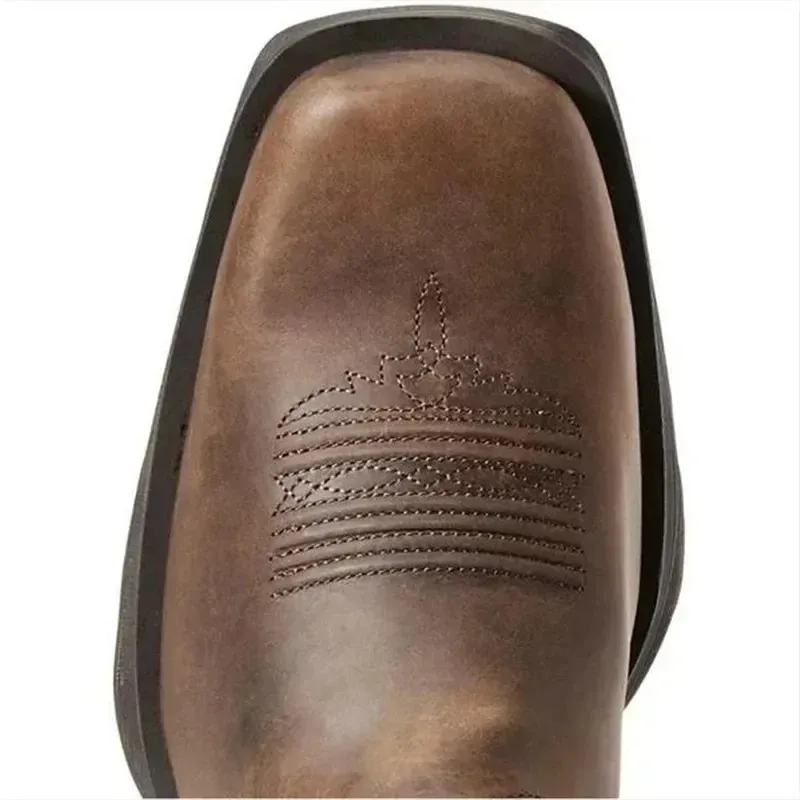 Men Square Toe Thick Heel Mid-Tube Knight Retro Distressed Western Vintage Flag Shoes Leather Boots 240612 241118