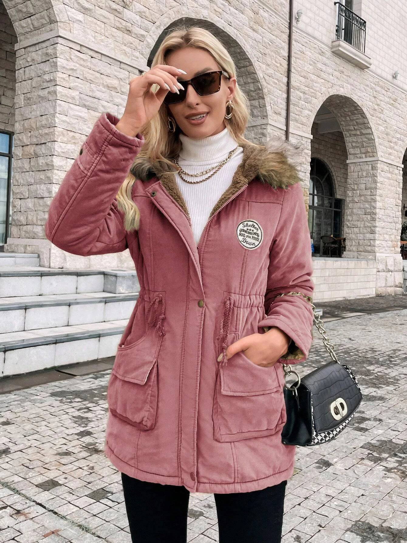 Woman Winter Padded Coat Jacket Waist Drawstring Wool Liner Hooded Fur Collar Warm Loose Fashion Parka Clothes 241011