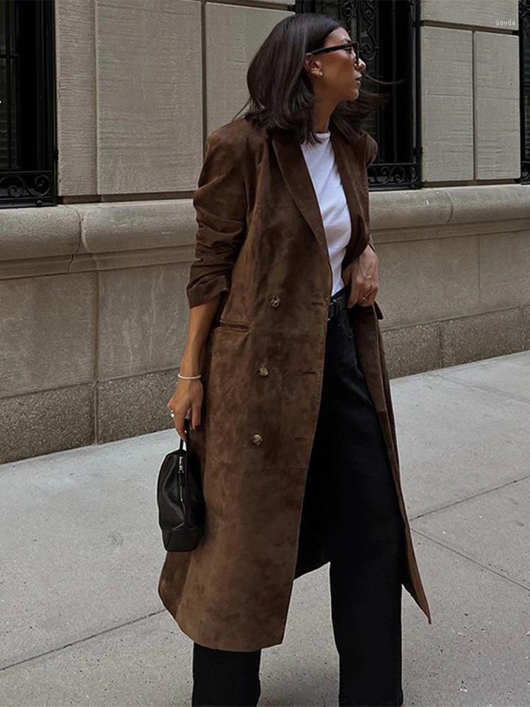 Elegant Suede Leather Long Trench Coats For Women - Chic Lapel Double Breasted Lady Oversized Jackets