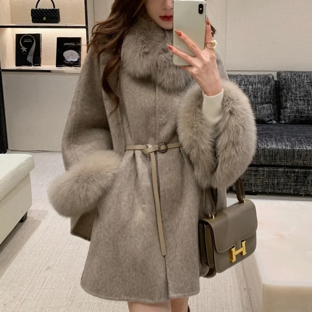 Detachable fur sleeves real fox fur collar coat wool 2024 autumn and winter womens warm A-line jacket thick womens coat 241015