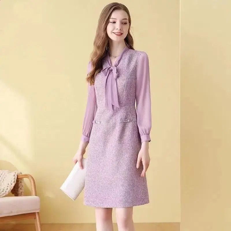 EVNISI Womens Elegant Purple Coarse Felt Dress Scarf Collar Casual Slimming Office A-line Dress Fairy Party Vestido Autumn 241010