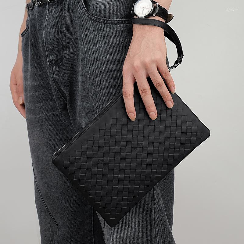 Clutch Bags Handmade Woven Pattern Leather Men's Bag Business And Women's Wrist Large Capacity IPad Wallet