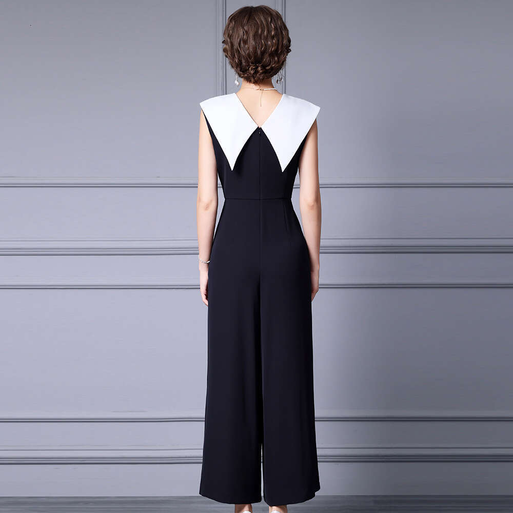 Zhi Li Gao Leng Yu Jie Fan Straight Wide Leg Pants Black and White Contrast Large Collar High Waist jumpsuit Summer 2024 New Style