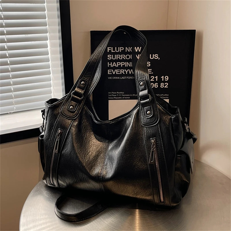 Large Capacity Soft Leather Womens Handbag Fashion Trend Women Shoulder Bag Simple Retro Female Travel Bags Sac 241011