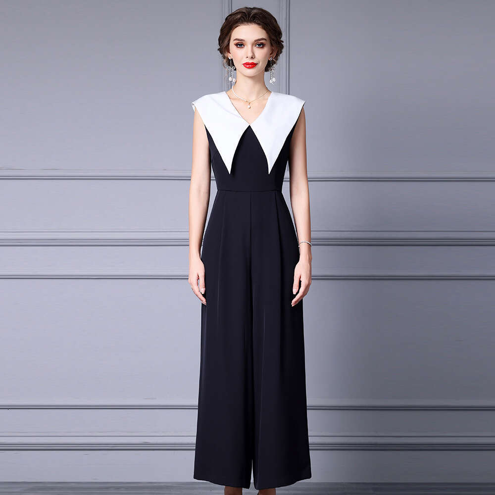 Zhi Li Gao Leng Yu Jie Fan Straight Wide Leg Pants Black and White Contrast Large Collar High Waist jumpsuit Summer 2024 New Style