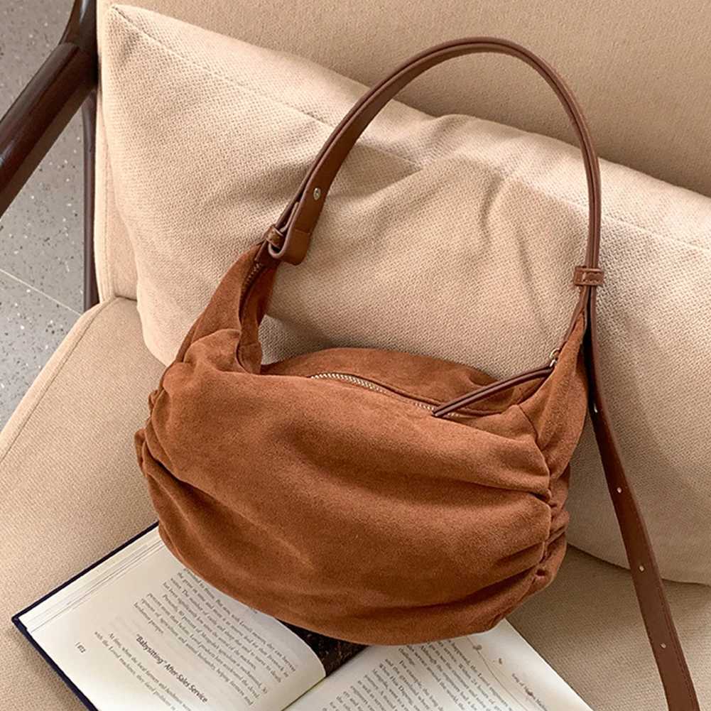 Shoulder Bag for Ladies Men with Multi Pockets Crossbody Suede Ruched Crescent Hobo Coummuting Travel 241015