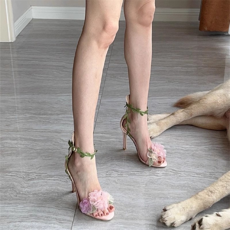 Organza Pink Flower with Leafs Sandals Thin High Heels Peep Toe Summer Rural Floral Beauty Bridal Sandalias Wedding Dress Shoes