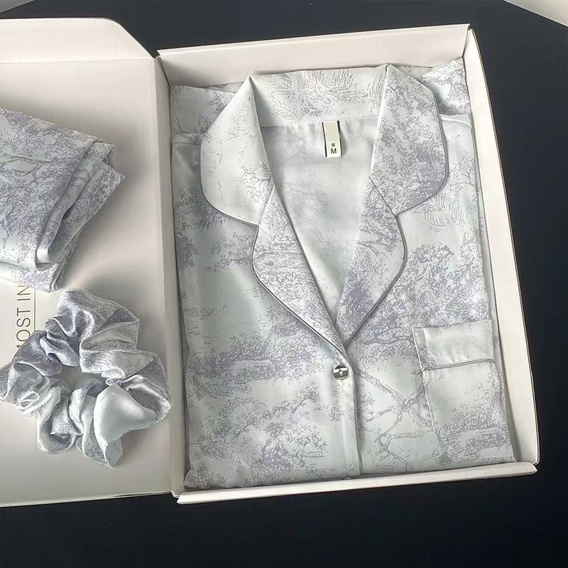 foreign trade tiktok live broadcast pajamas female spring and autumn ice silk long sleeved trousers thin style students' ins dormitory can wear p