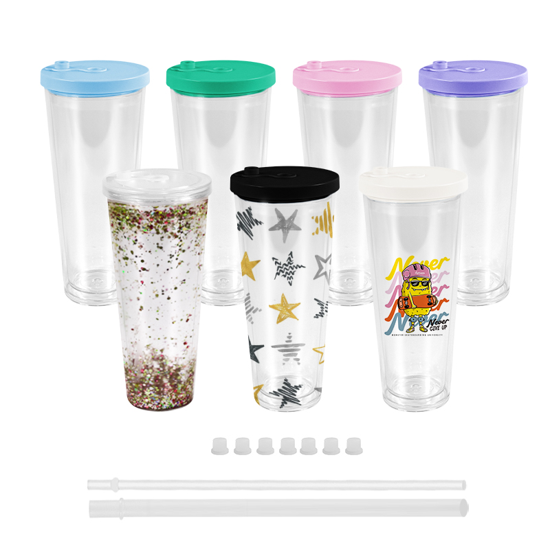 Pre-drilled 12oz 16oz 24oz Acrylic Tumblers with Colored sealing lid and Straws Snow Globe Tumbler Double Wall Clear Plastic Tumblers with hole and pl