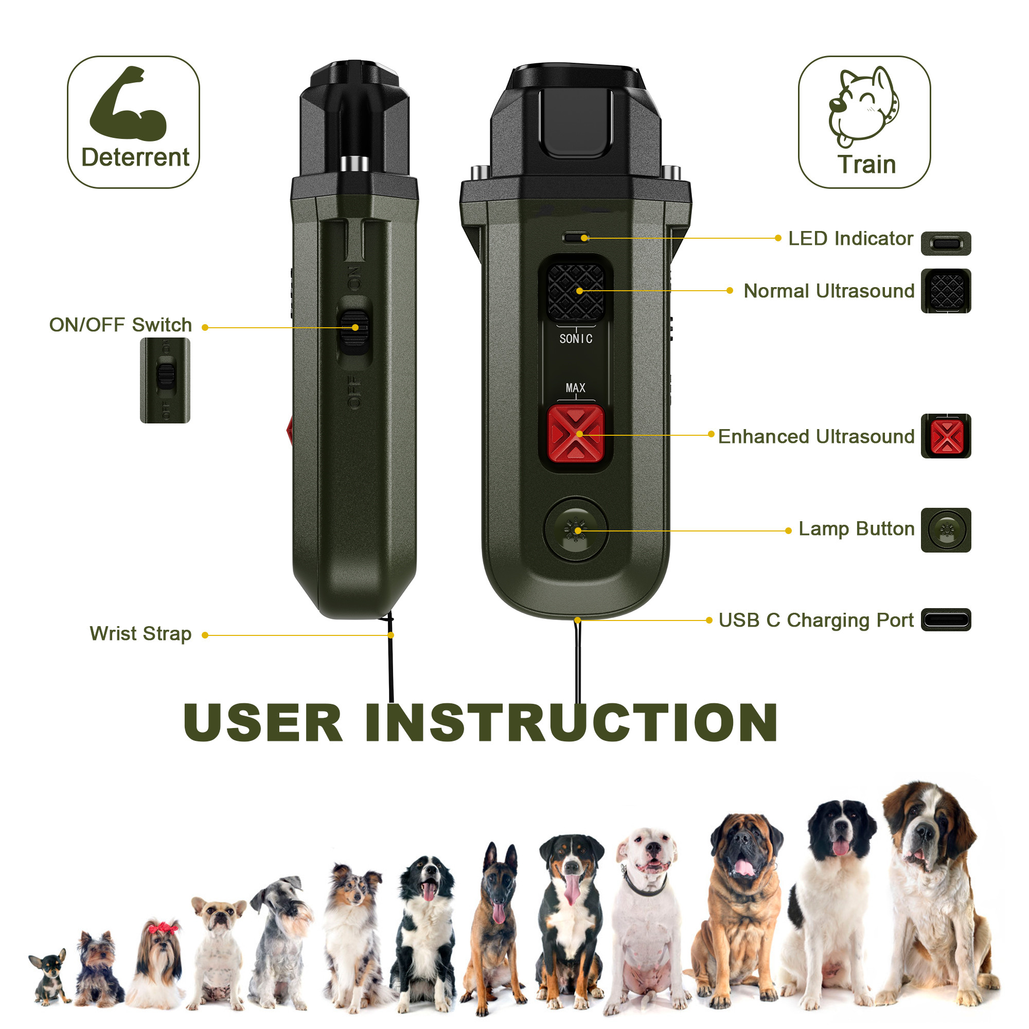 2 in 1 Ultrasonic Dog Repeller Pet Waterproof Anti Barking Dog W/ Flash Lights Rechargeable Extra Long Standby for Dogs Supplies