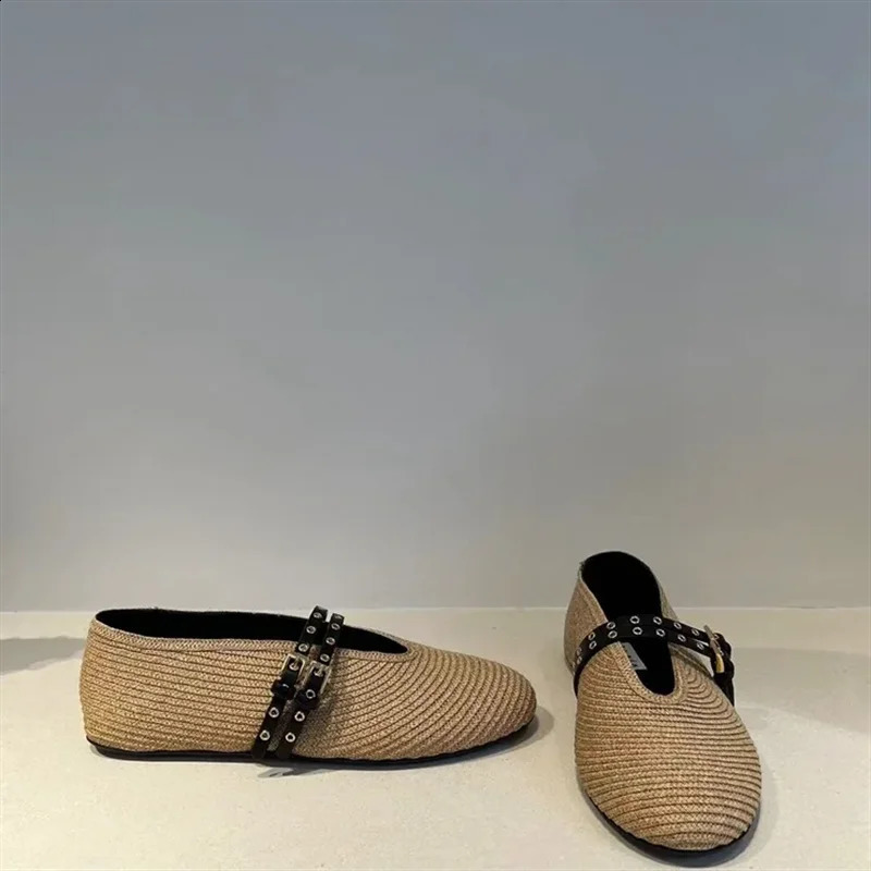 Handmade Knitted Buckle Womens Ballet Flat Shoes Solid Color Casual Mary Jens Breathable Round Laces