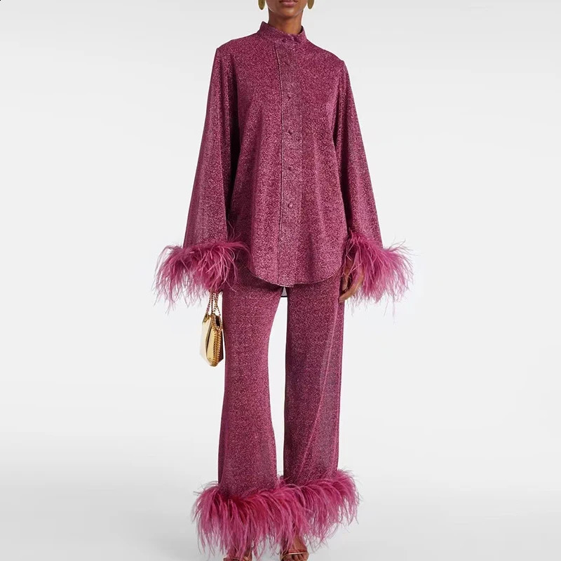 Feather Patchwork Party Set: Women's Elegant Buttoned Long Sleeve Top And Pants Suit For Autumn