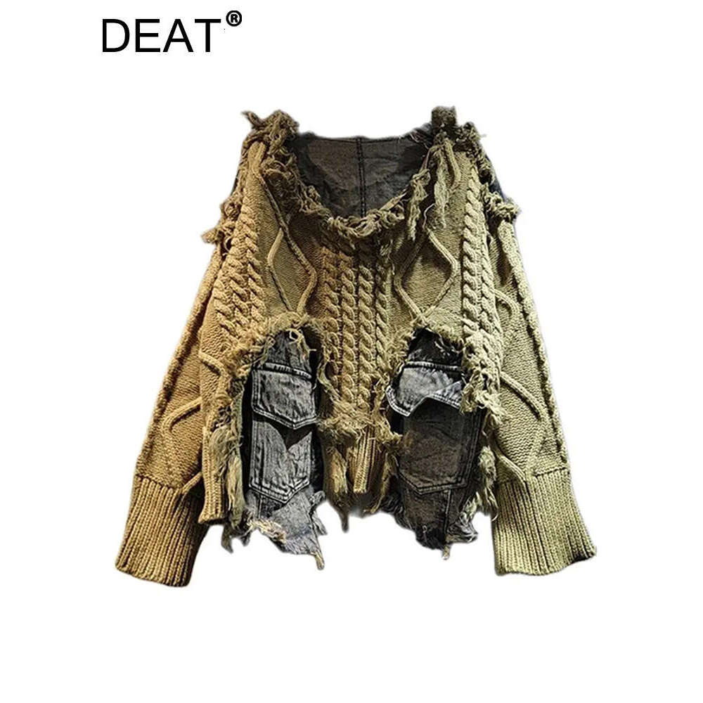 DEAT Women's Pullover Long Sleeve Irregular Do Old Patchwork Pockets Vintage Washed Denim Sweater2024 Autumn New Fashion 29L8195