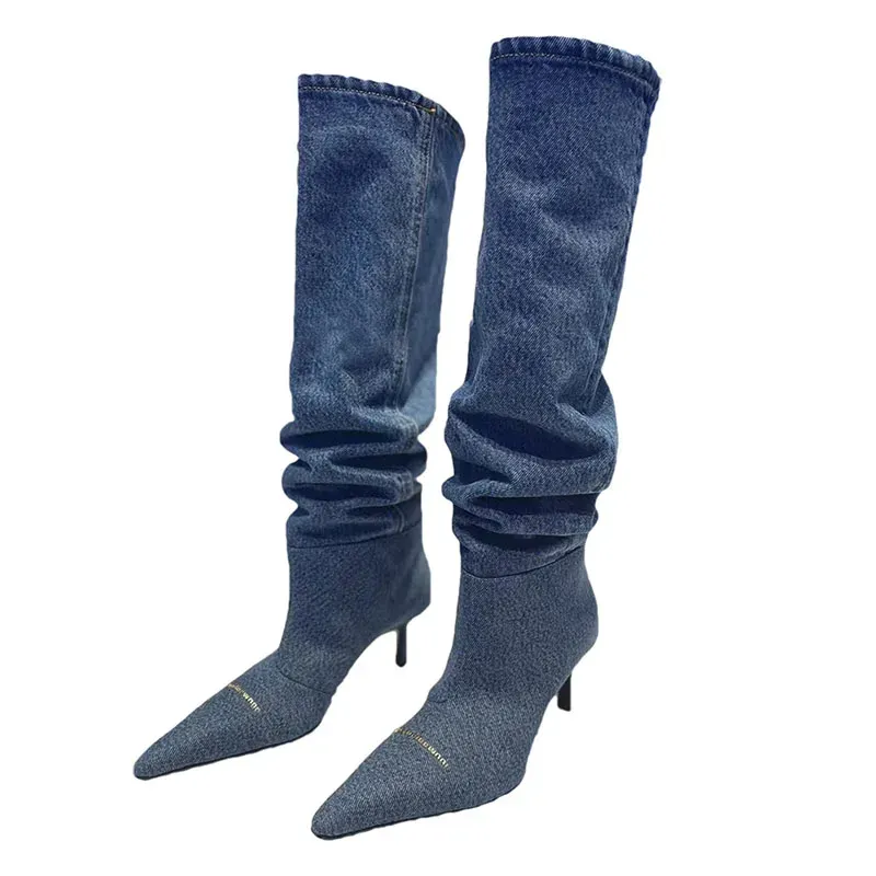 Winter Women Denim Long Fashion Pointed Toe Ladies Elegant Knee Boots Thin High Heel Knigh Boot NOXYZ16 241121