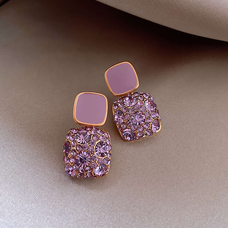 Retro purple square full diamond dripping oil earrings 2024 new trendy temperament internet famous earrings for women high-end designer gift party fre