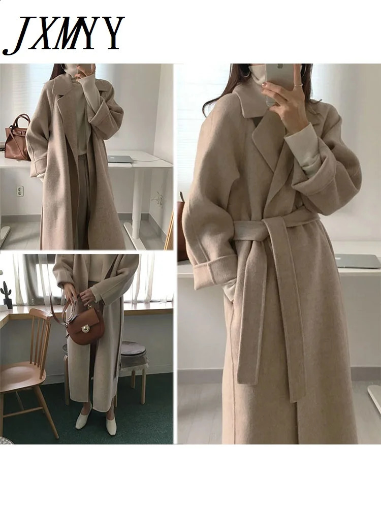 JXMYY French Lazy Style Warm Womens Fresh Winter Classic Belt Retro Loose Womens Wool Coat Fashion Casual Long Coat 241007