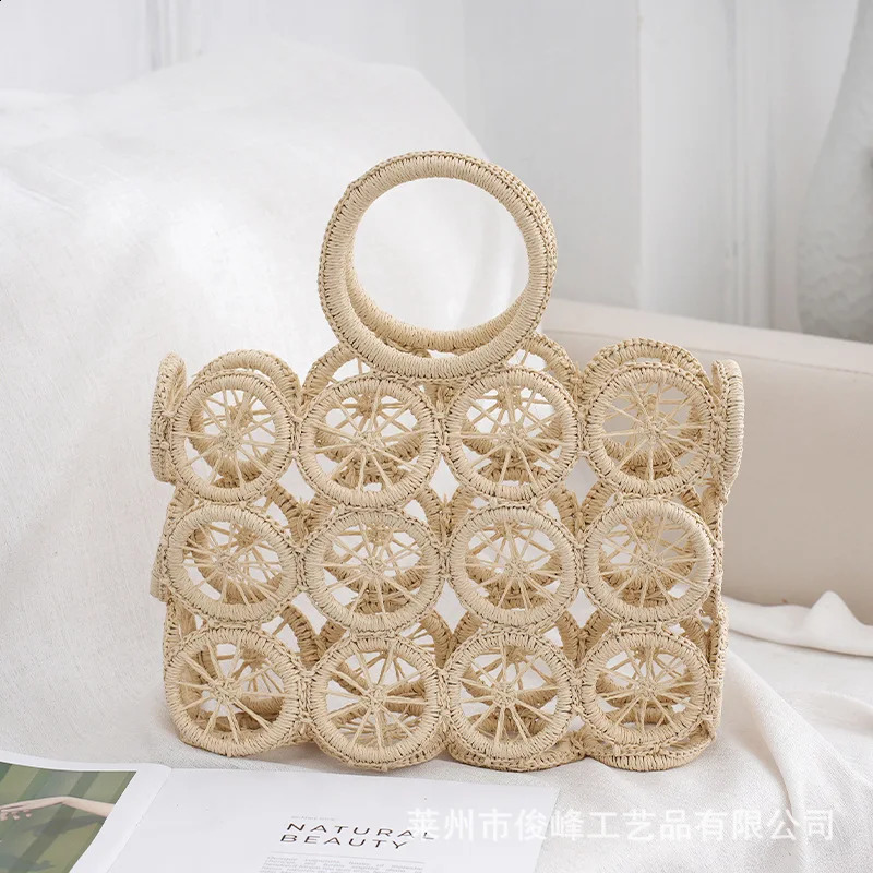 Paper rope woven wheel bag crossed boundary hollow large capacity circular tourism beach handbag 241014