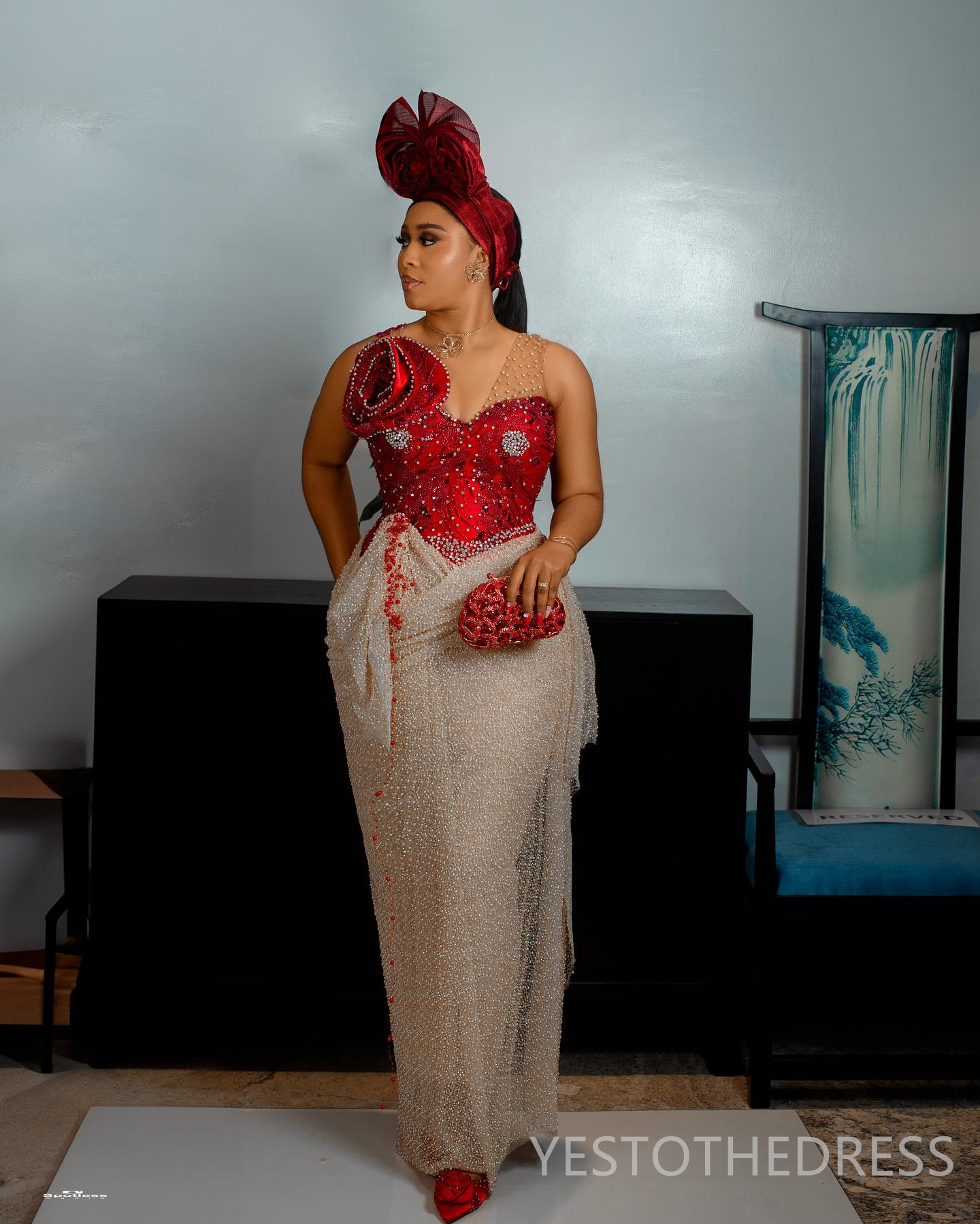 2024 Classic African Aso Ebi Prom Dress Red & Gold Evening Dresses For Special Occasions V Neck Illusion Beaded Sequined Lace Birthday Dress Reception