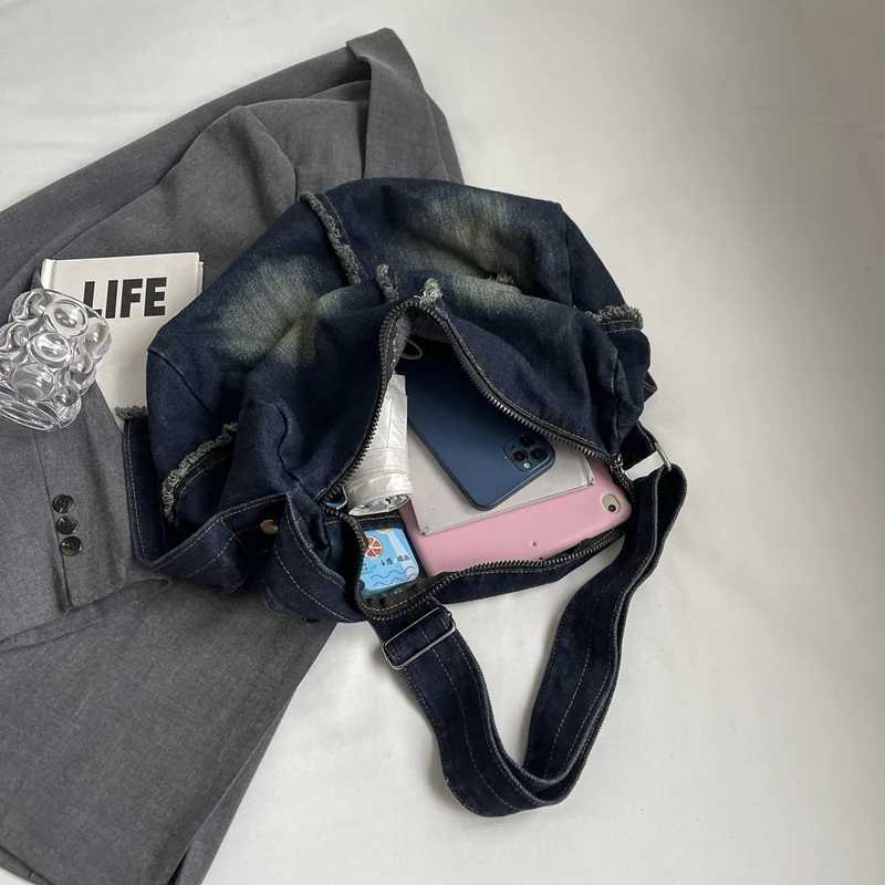Ladies Men Denim Shoulder Bag Zipper Closure Tote Adjustable Strap Crossbody Trendy Retro Handbag Work Shopping 241015
