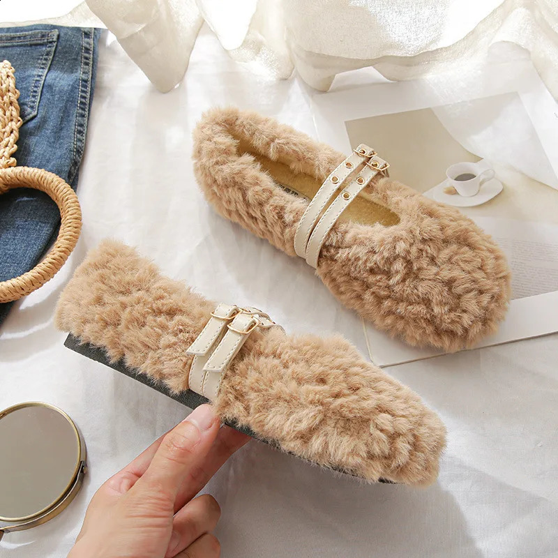 winter womens plush warm Korean style pump loafers party and work wear Ladies casual flats mary jane boat shoes 241015