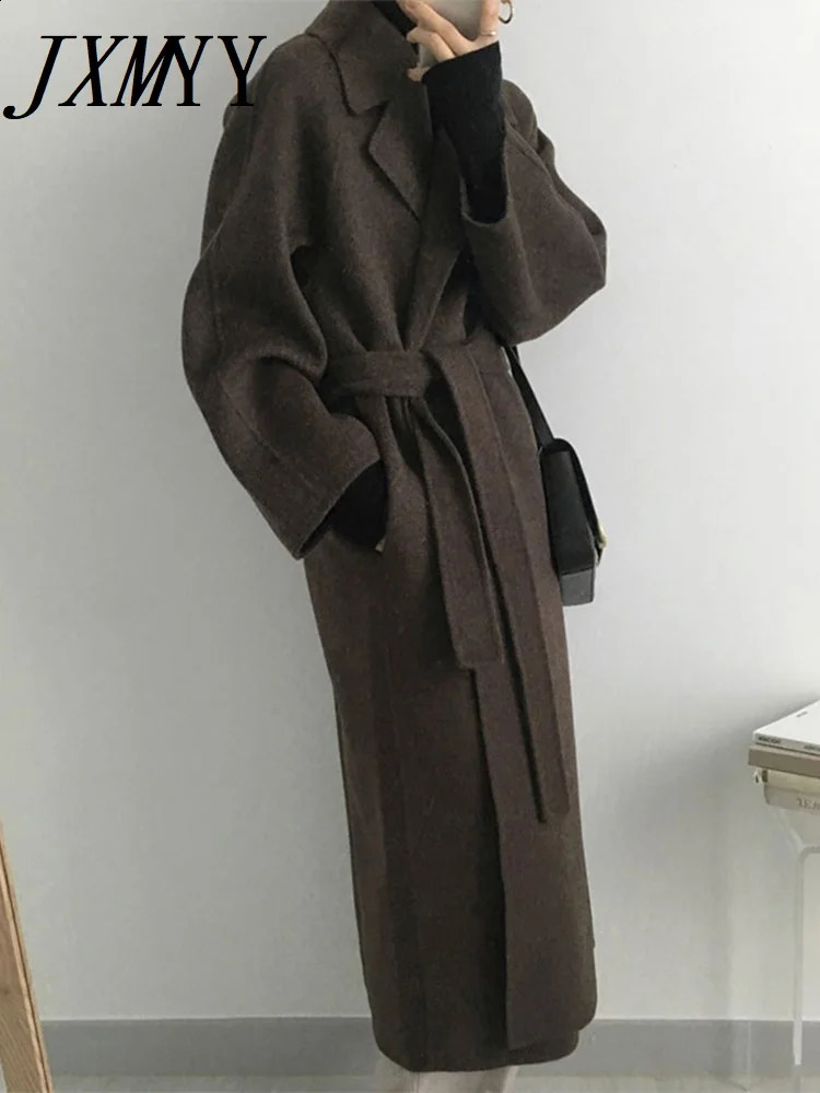 JXMYY French Lazy Style Warm Womens Fresh Winter Classic Belt Retro Loose Womens Wool Coat Fashion Casual Long Coat 241007