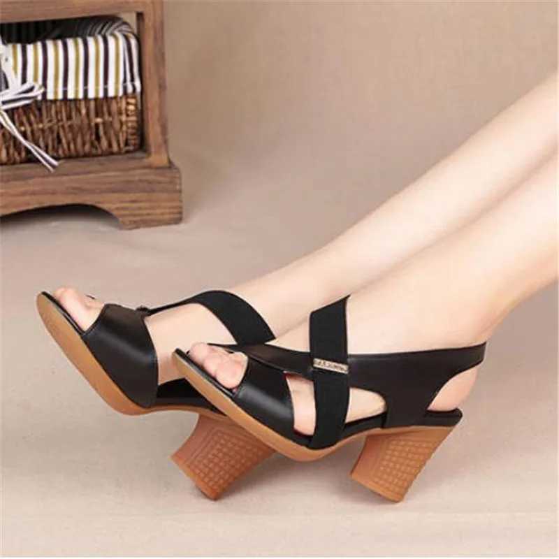2024 New Womens Sandals Summer Comfortable High Heels Thick High Heels Leather Toe Non slip Soft Bottom Mother Shoes Slide Up Y241014