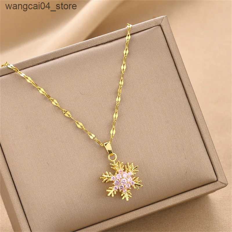 Chokers Unique Titanium Steel Necklace with Rotating Snowflake Pendant Collarbone Chain with Sparkling Zircon Stone for Women L240910