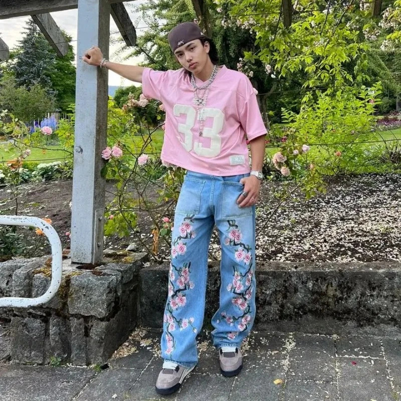 Y2K mens Harajuku cherry blossom print pattern jeans hiphop retro gothic casual wide leg pants 241010