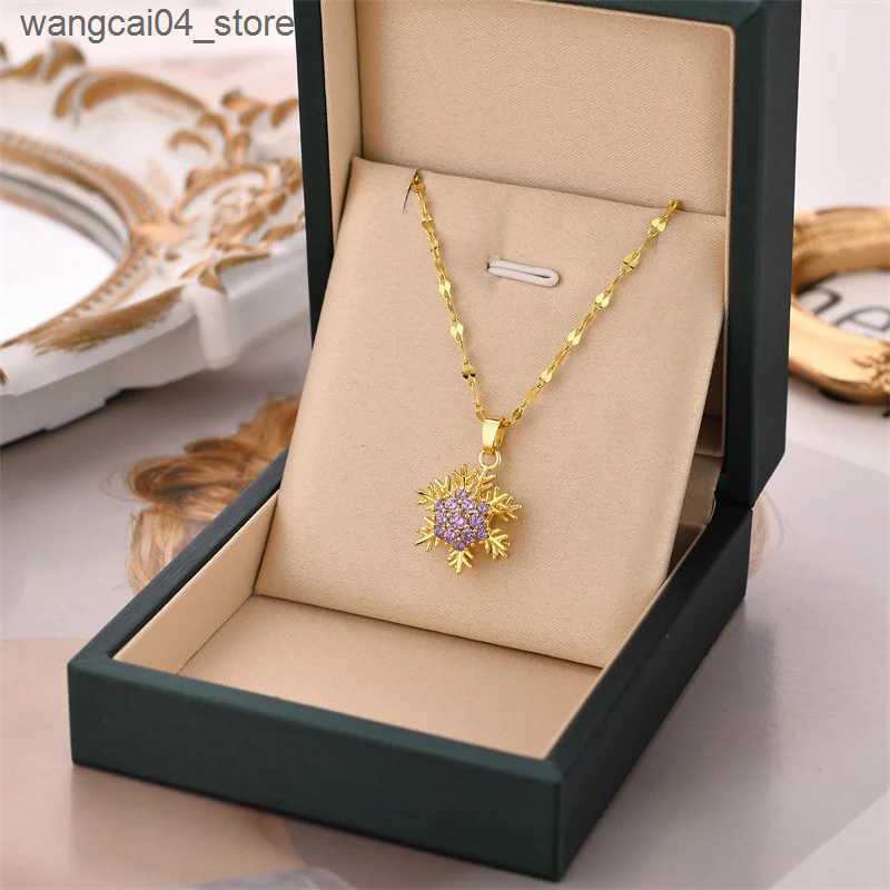 Chokers Unique Titanium Steel Necklace with Rotating Snowflake Pendant Collarbone Chain with Sparkling Zircon Stone for Women L240910