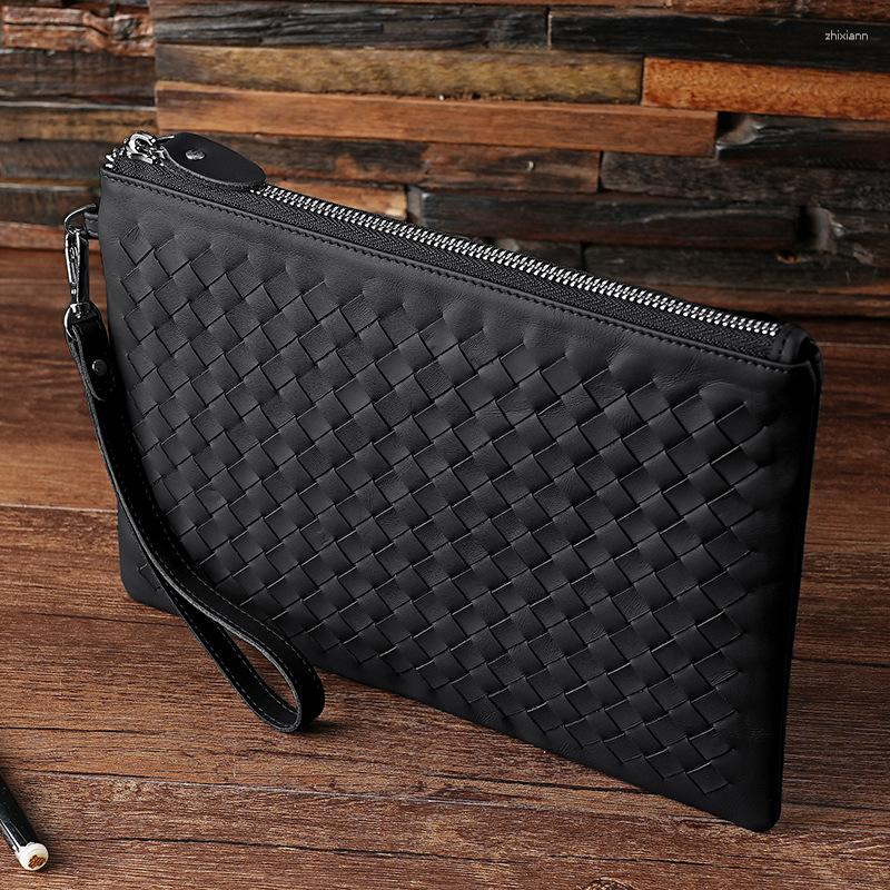 Clutch Bags Handmade Woven Pattern Leather Men's Bag Business And Women's Wrist Large Capacity IPad Wallet