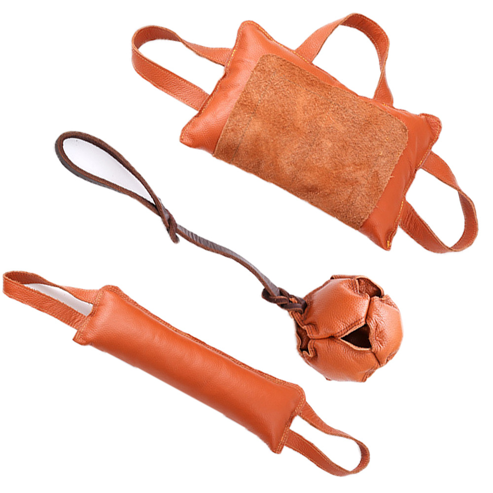 Dropshipping Dog Training Bite Tug with Handle Equipment Cow Leather Ball Suit Toy Dog Bite Stick Pillow Supplies