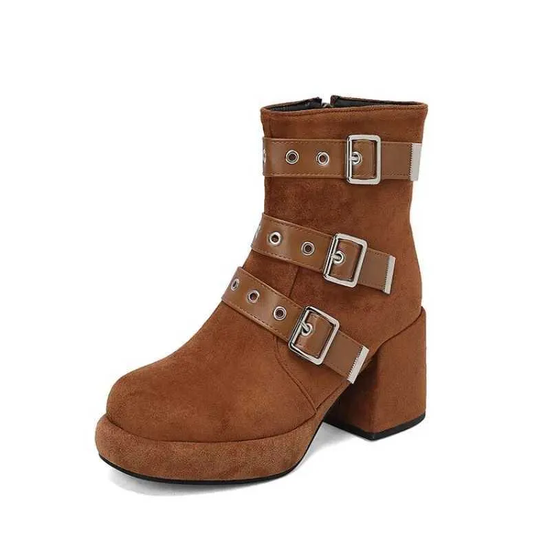 Women Designer Ck Chunky Heels Multi Buckle Round Toe Platform High-Heeled Pink Brown Gothic Motorcycle Boots M240912