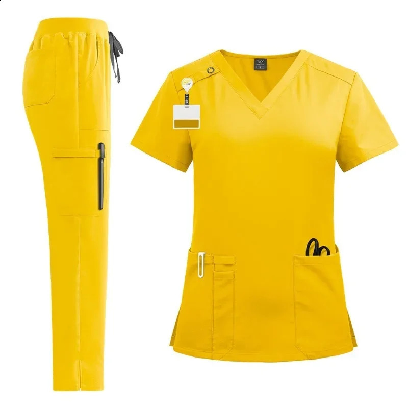 High-quality Nursing Scrubs Uniform Suit Short Sleeve V-neck TopsPants Sets Women Multicolor Pet Workwear Nurse 241014