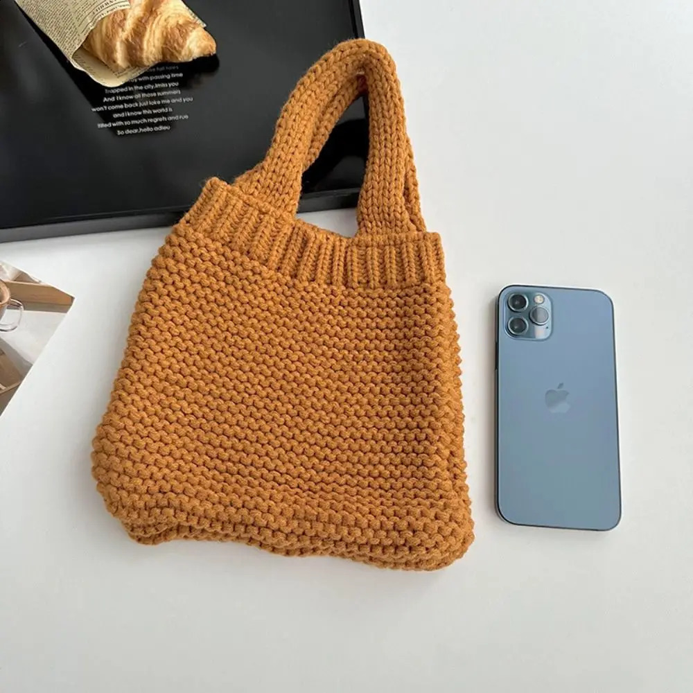 Pure color hand woven bag knitting high capacity wool shoulder handbag MidAutumn Festival 241014