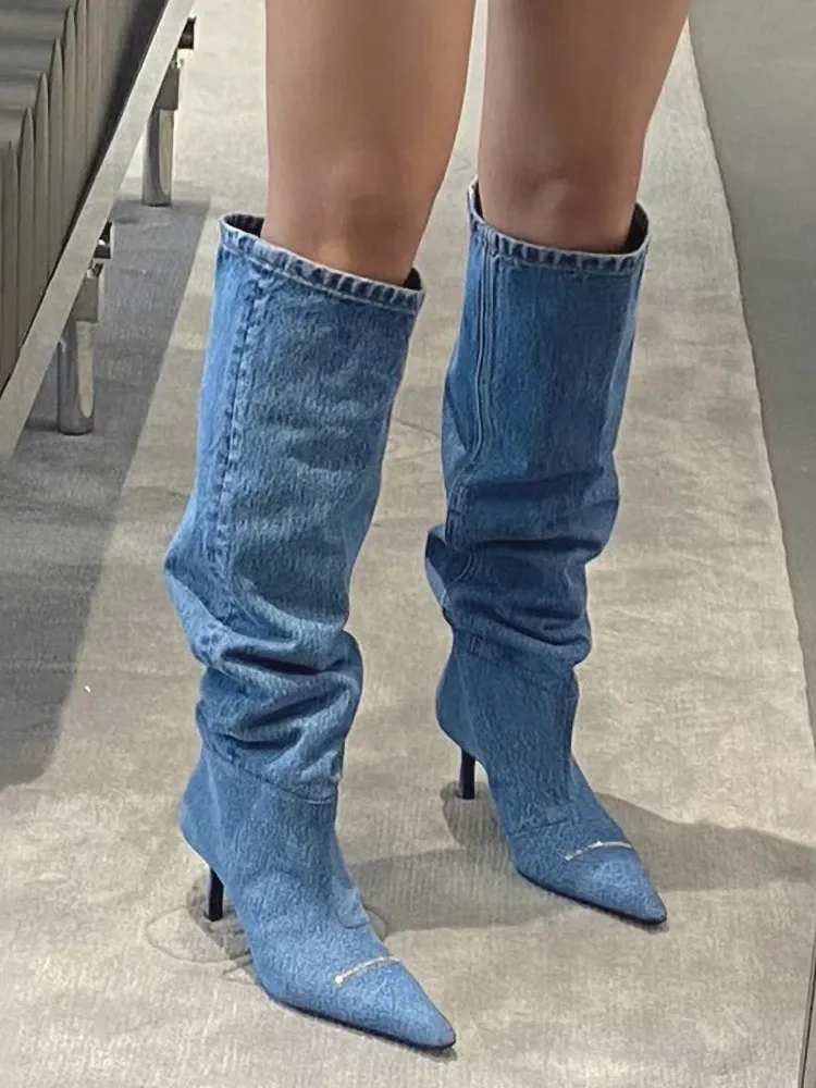 Winter Women Denim Long Fashion Pointed Toe Ladies Elegant Knee Boots Thin High Heel Knigh Boot NOXYZ16 241121