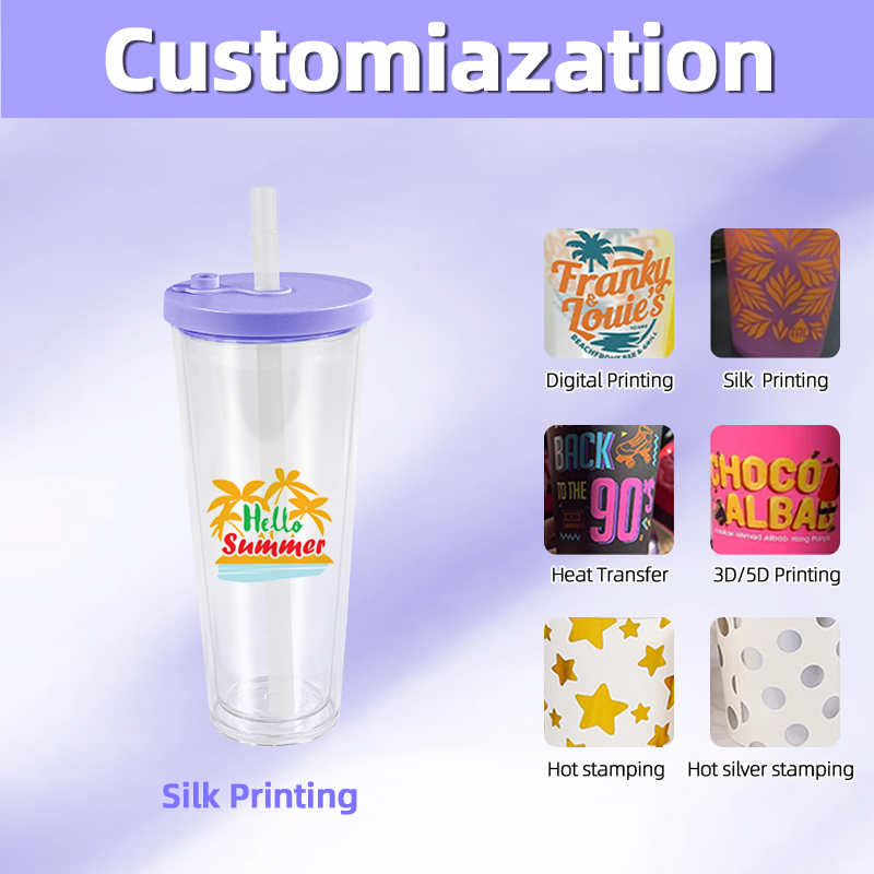 Pre-drilled 12oz 16oz 24oz Acrylic Tumblers with Colored sealing lid and Straws Snow Globe Tumbler Double Wall Clear Plastic Tumblers with hole and pl