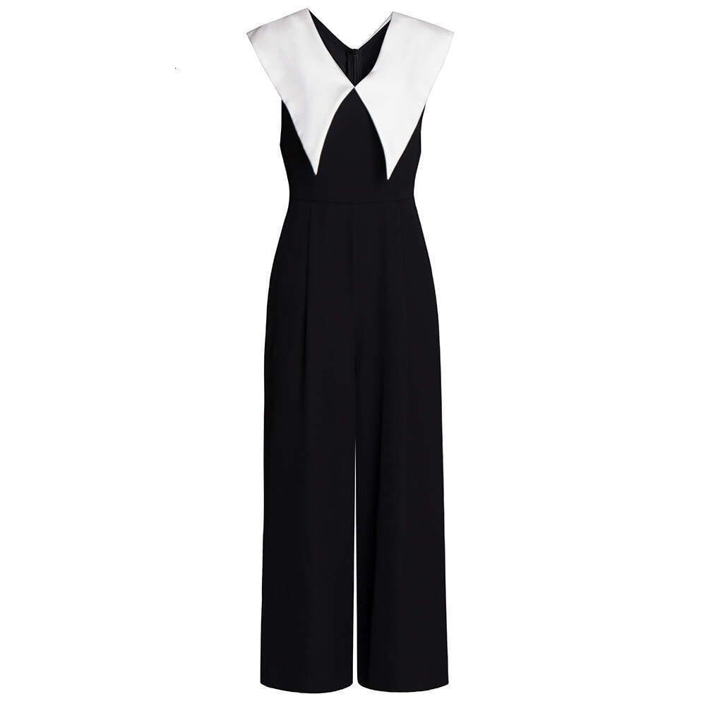 Zhi Li Gao Leng Yu Jie Fan Straight Wide Leg Pants Black and White Contrast Large Collar High Waist jumpsuit Summer 2024 New Style