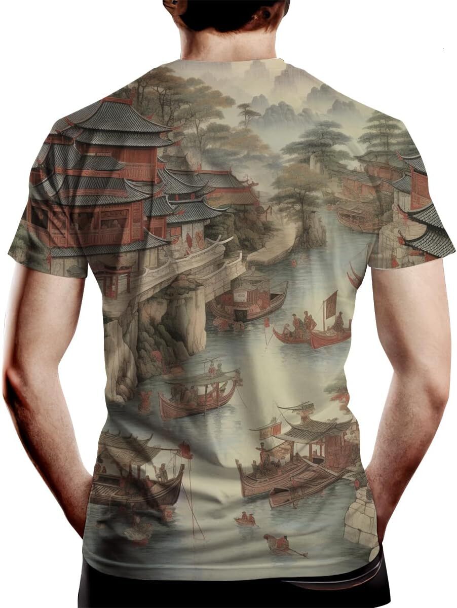 Mens T shirt Dream Ink Landscape Painting Shirt Retro Art Painting Color Summer Casual tops summer clothes Trendy Fashion
