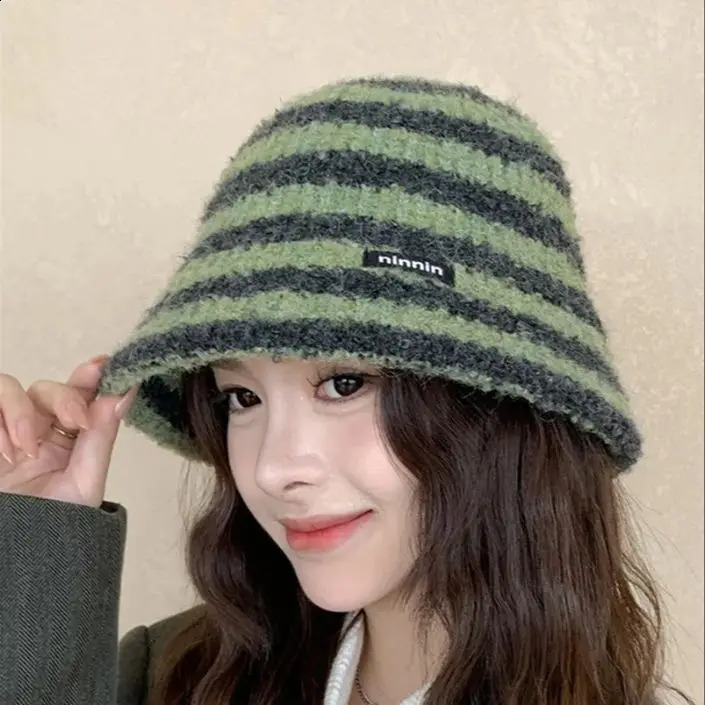Striped Fishermans Hat Women Autumn Winter Warm Knit Hat Hundreds of Cute Simple Bucket Hat 241009