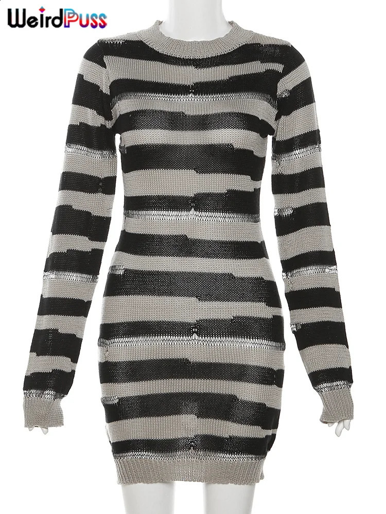Strange cat knitted striped dress for womens autumn trend torn long sleeved Oneck sweater tight fitting streetwear elastic and sexy thin clothes 24101