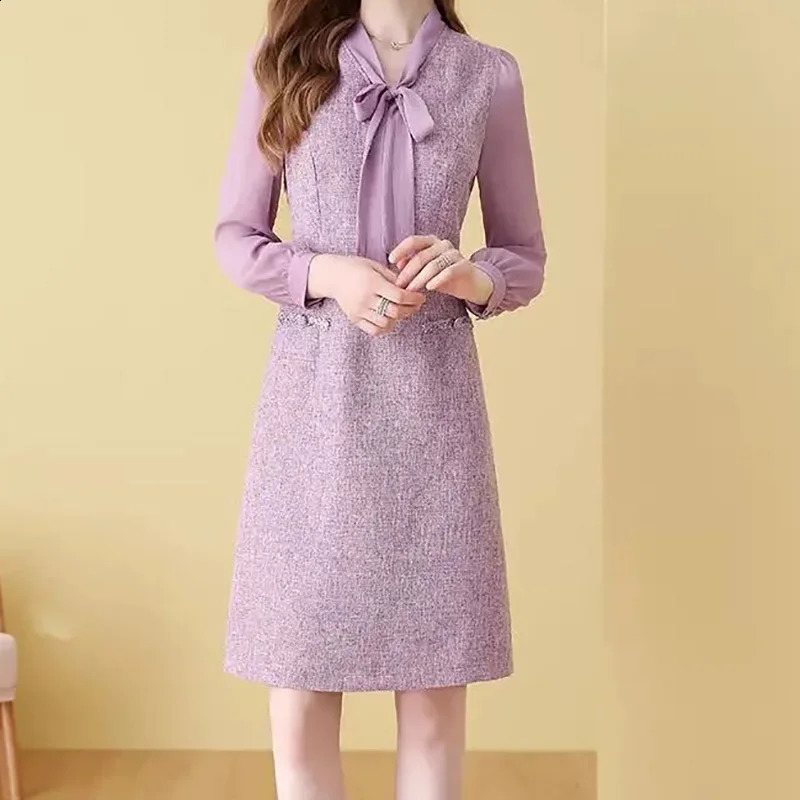 EVNISI Womens Elegant Purple Coarse Felt Dress Scarf Collar Casual Slimming Office A-line Dress Fairy Party Vestido Autumn 241010