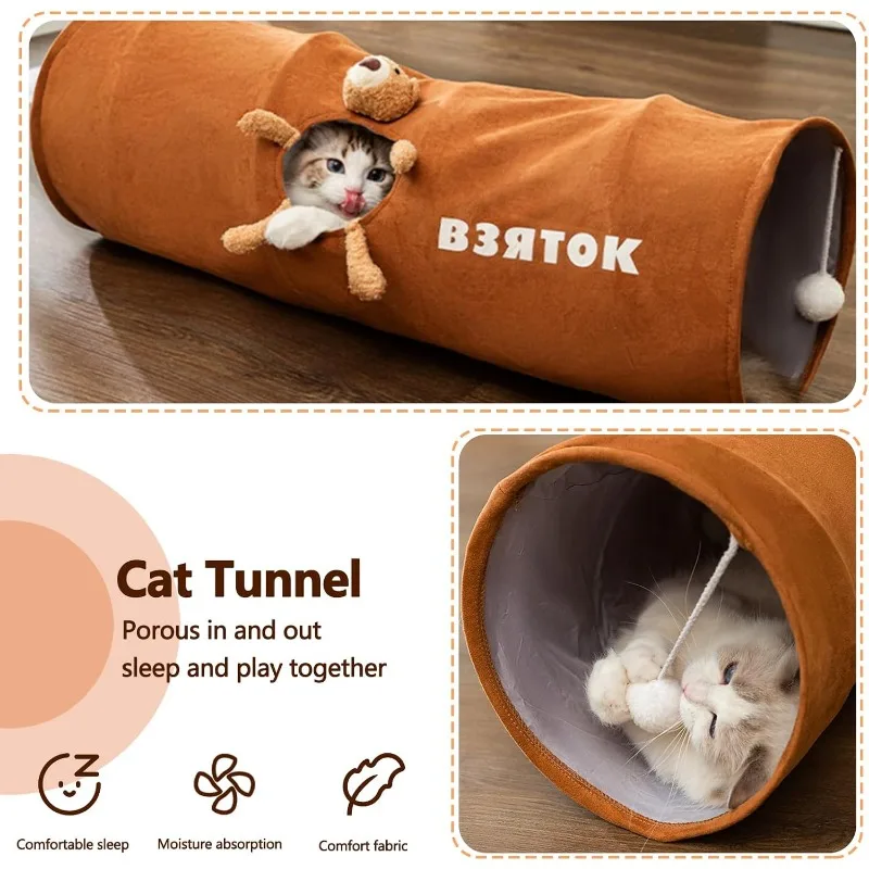 Indoor Cat Tunnel, Foldable Straight Tube Cartoon Cat Tunnel with Plush Ball, Easy to Store and Clean Cat Toy Pet Supplies