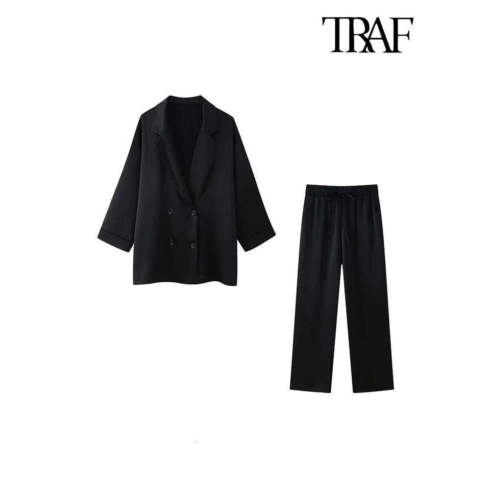 Traf-Women's Double-Breasted Loose Blazer Coat And High Elastic Waist Wide Leg Pants, Female Two Piece Sets, Fashion