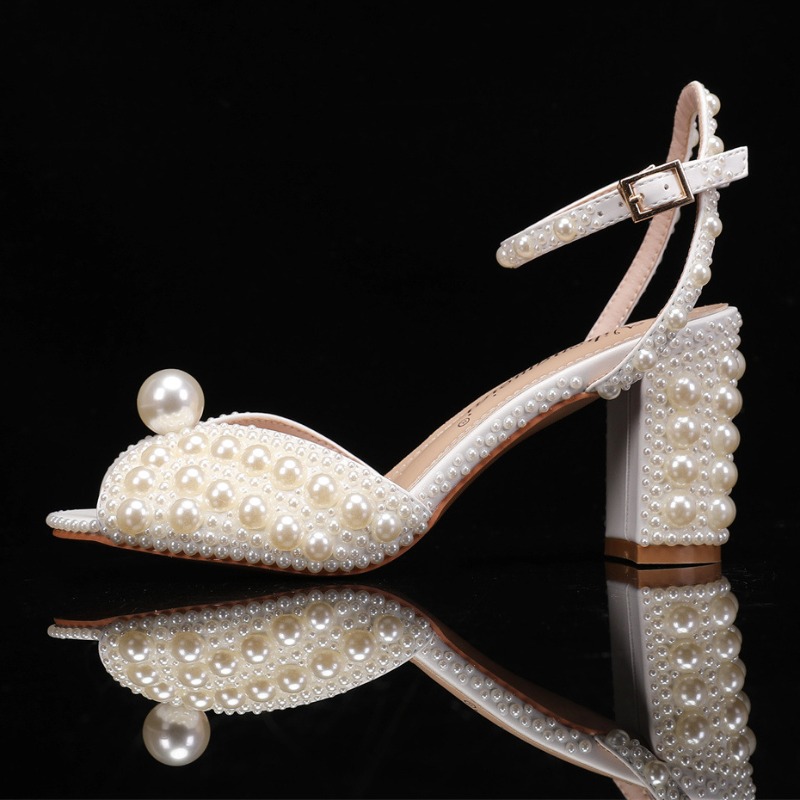 2024 New Fish Mouth Pearl High Heel Sandals Women Thick Heel Water Diamond Wedding Dress Bridal Party Woman Shoes size 35-43