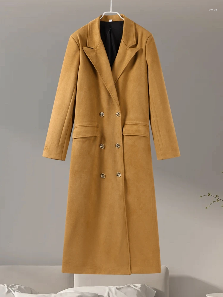 Elegant Suede Leather Long Trench Coats For Women - Chic Lapel Double Breasted Lady Oversized Jackets