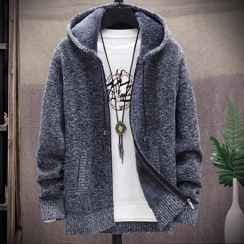 Men's Hooded Cardigan Knitted Sweater Winter Thick Fleece Warm Casual Knitwear Coat Solid Color Cardigan Men Hooded Sweaters 241010
