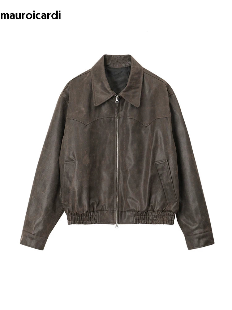 Mauroicardi Spring Autumn Vintage Lightweight Distressed Washed Brown Pu Leather Jacket Men Zipper Casual Korean Fashion Clothes 240930