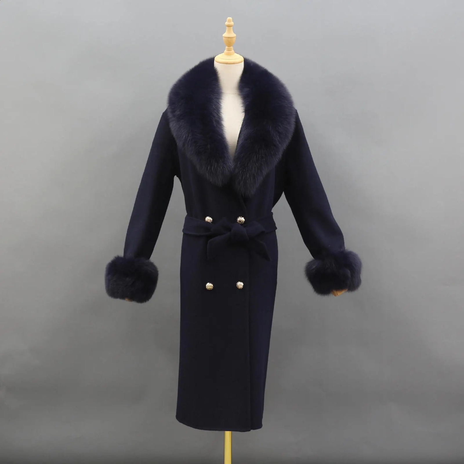selling leather coat cashmere wool blend X long winter jacket womens natural fox fur collar cuffs streetwear 241015