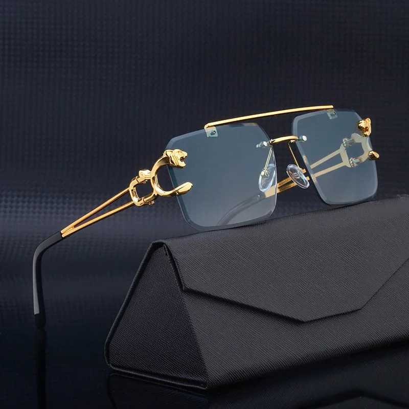 Retro frameless sunglasses for men fashionable oversized square sunshade glasses new dual bridge gradient UV400 sunglasses W241015